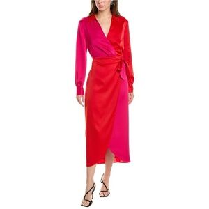 Anne Klein Colorblock Wrap Midi Dress Red Pink Long Sleeve Size 2